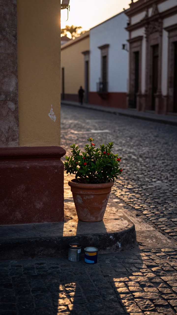 Dawn in Guadalajara Mexico street scene with flowerpot and coffee tin in in Guadalajara, Mexico