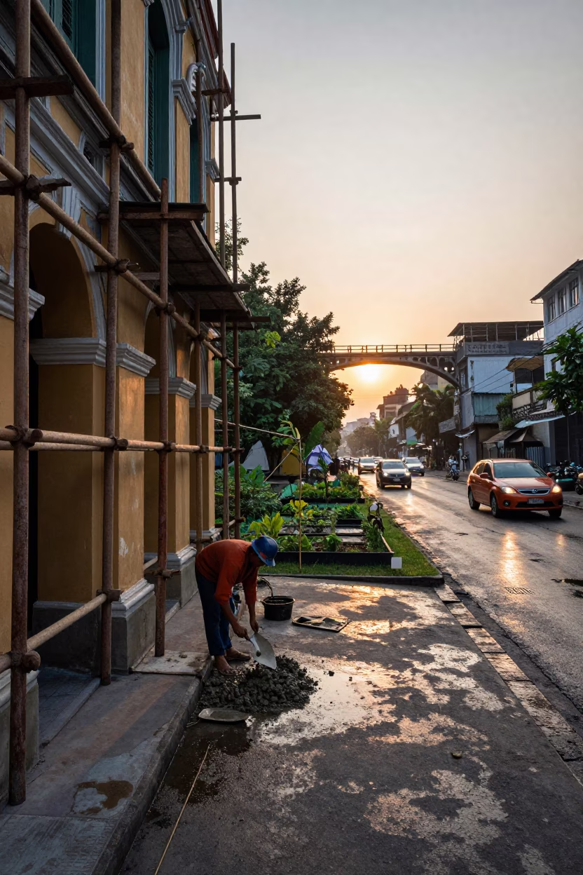 Dawn in Hanoi Vietnam with Old Building Construction and Morning Commute in in Hanoi, Vietnam