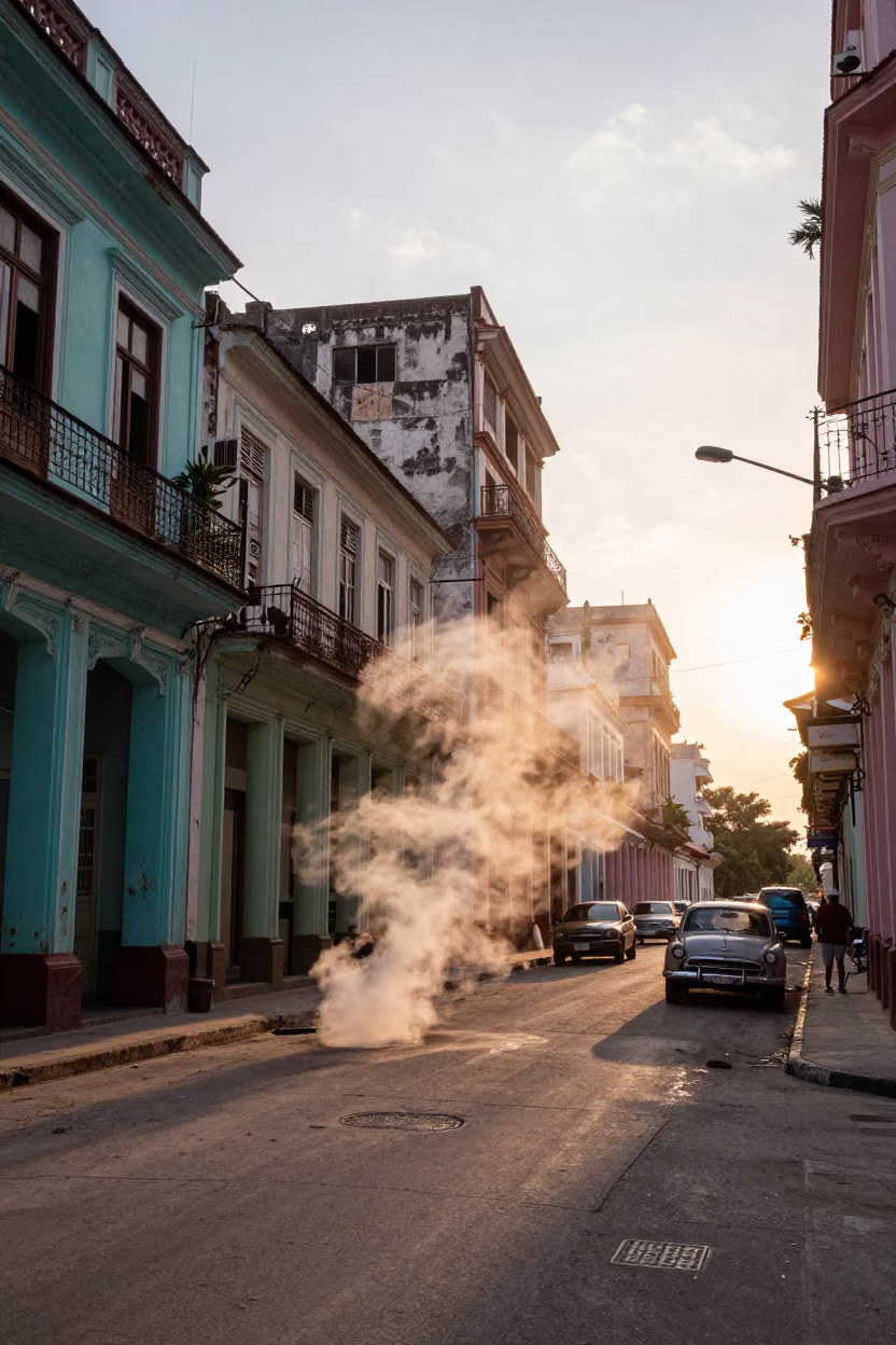 Dawn in Havana Cuba Colorful Street Scene with Steam and Local Life in in Havana, Cuba