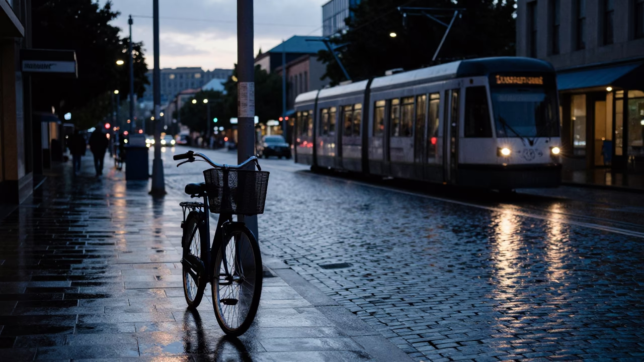 Dawn in Hobart Tasmania Australia Street Scene with Bicycle Basket and Cobblestone Rain Reflections in in Hobart, Tasmania, Australia