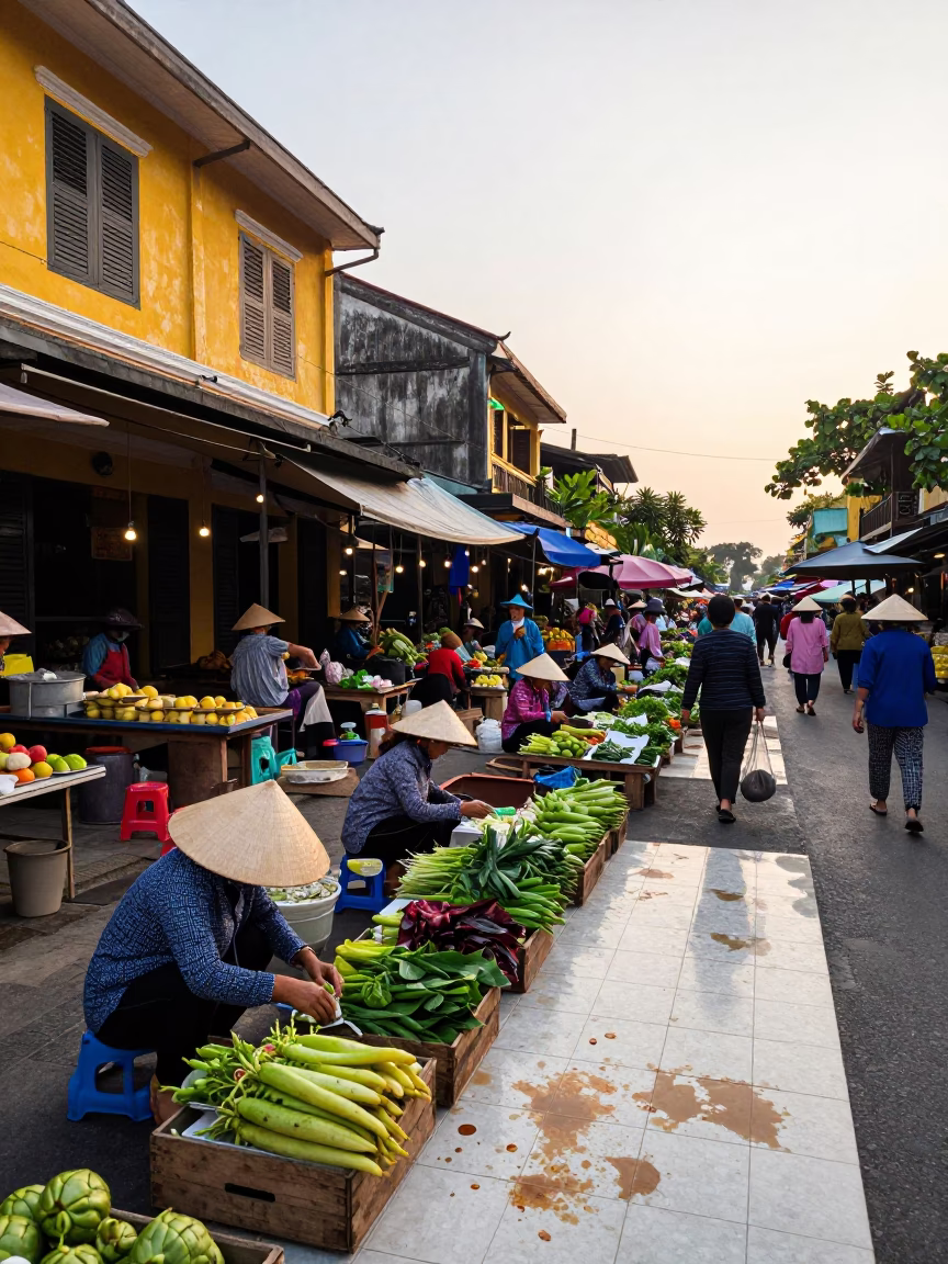 Dawn in Hoi An Vietnam Busy Market Scene with Tea Stains and Local Activity in in Hoi An, Vietnam