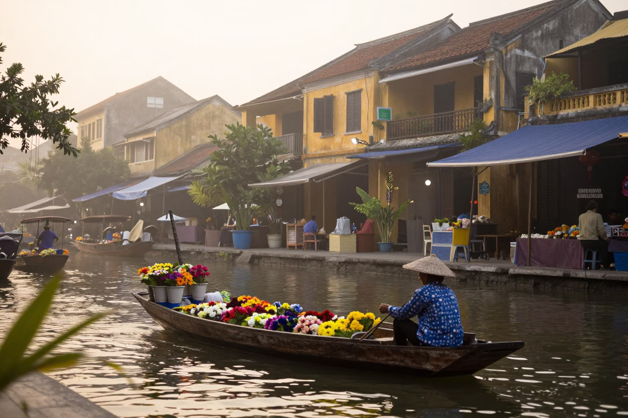 Dawn in Hoi An Vietnam Sampan Market Vendor with Flowers Early Morning in in Hoi An, Vietnam
