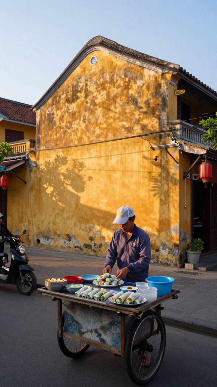 Dawn in Hoi An Vietnam street vendor preparing breakfast with spring rolls in in Hoi An, Vietnam