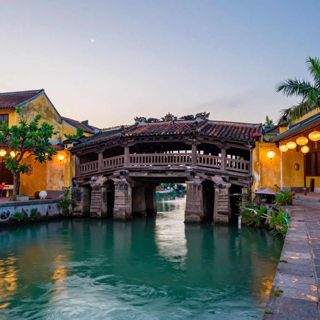 Dawn in Hoi An Vietnam with Moon Bridge and Traditional Lanterns in in Hoi An, Vietnam