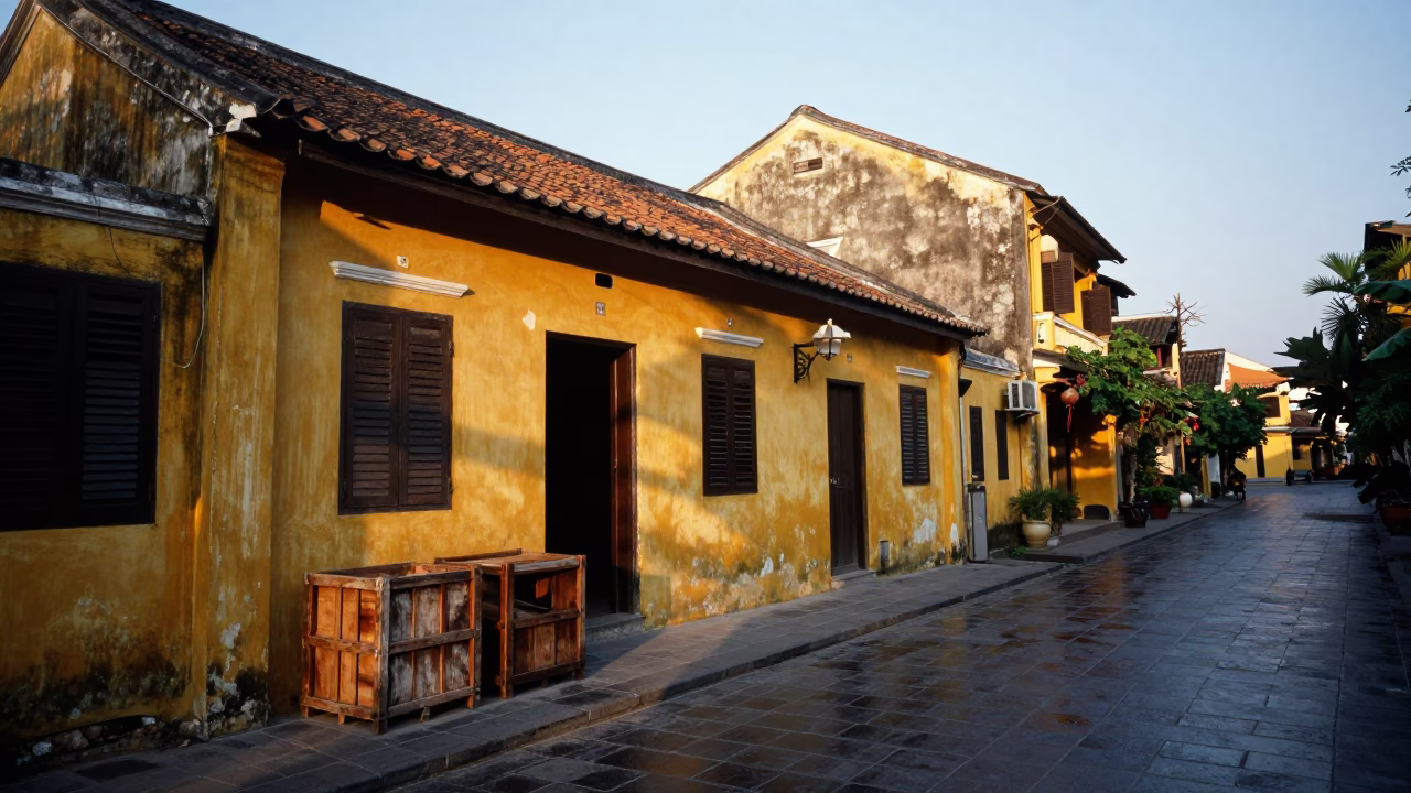 Dawn in Hoi An Vietnam with Old Yellow Buildings and Wooden Crates in in Hoi An, Vietnam
