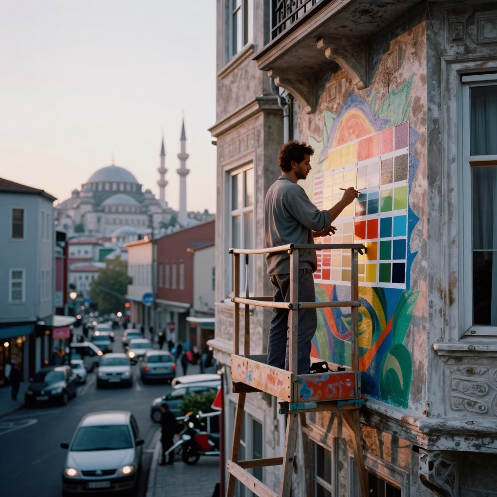 Dawn in Istanbul Turkey Muralist Painting Sample Swatches on Scaffold Platform in in Istanbul, Turkey