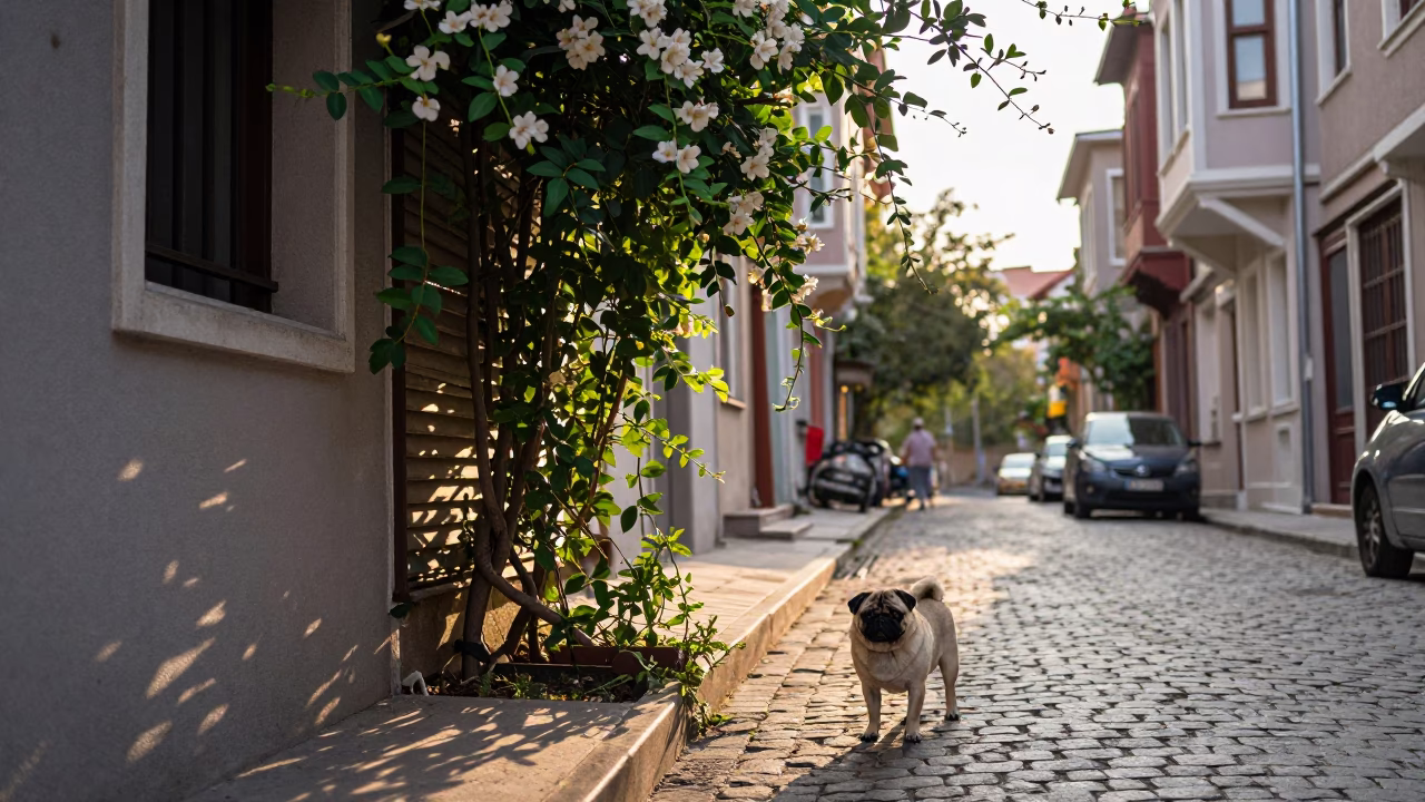 Dawn in Istanbul Turkey Street Scene with Pug and Climbing Jasmine on Trellis in in Istanbul, Turkey