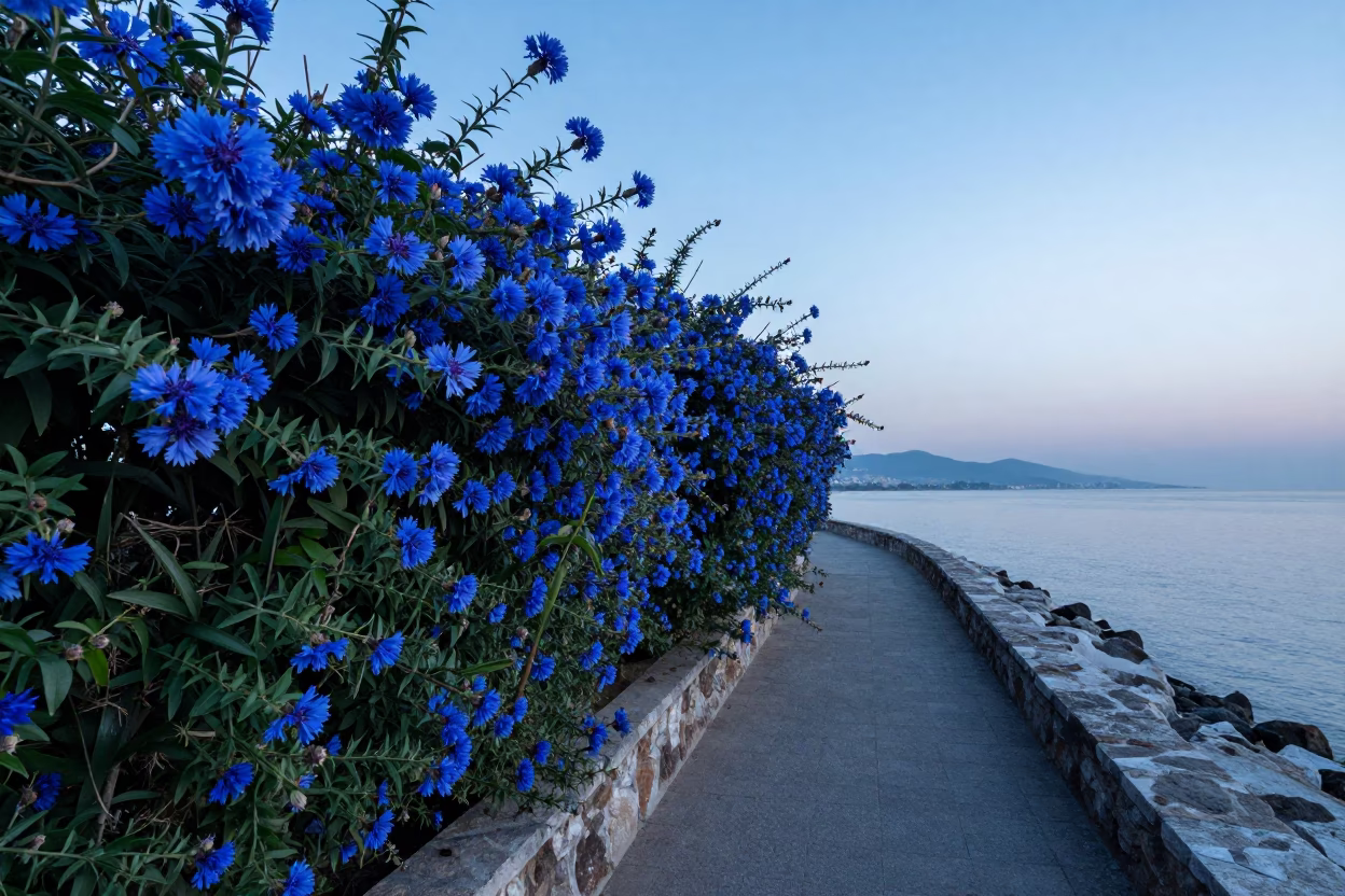 Dawn in Izmir Turkey Plumbago Hedge and Sea Fog Breakwater Scene in in Izmir, Turkey