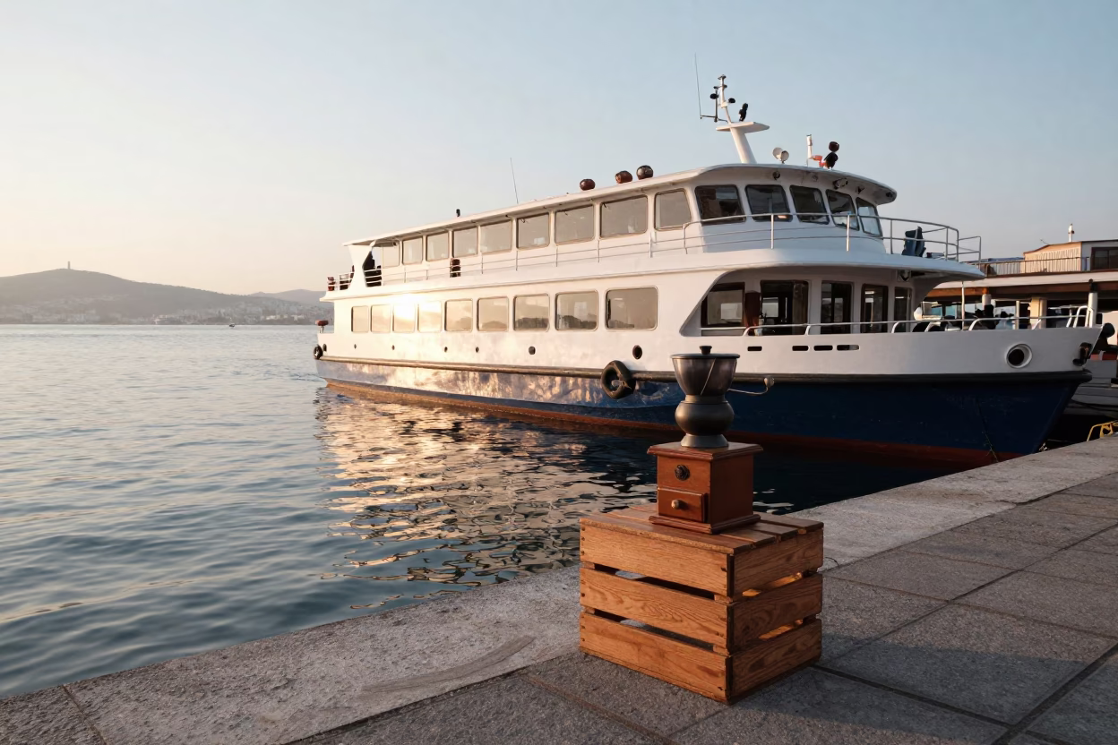Dawn in Izmir Turkey Water Taxi Floating Dock and Coffee Grinder in in Izmir, Turkey