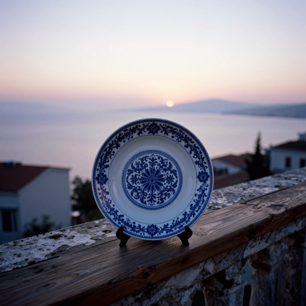 Dawn in Izmir Turkey with Blue and White Porcelain Plate on Iron Deadbolt in in Izmir, Turkey