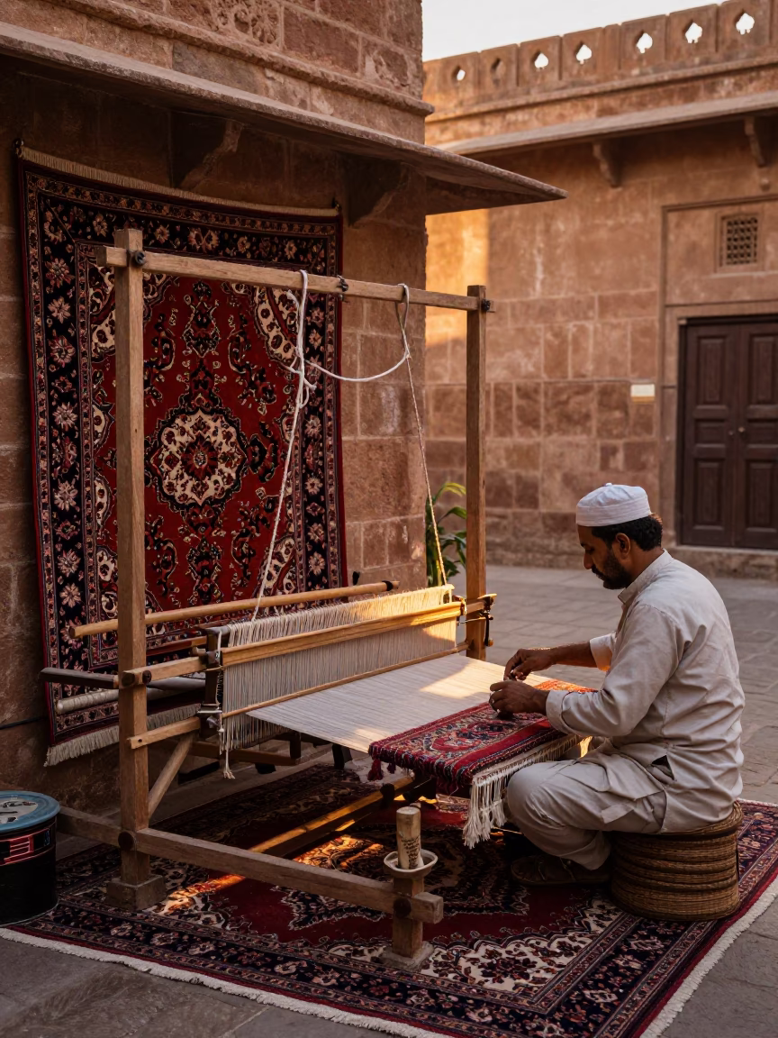 Dawn in Jaipur India Street Scene with Persian Carpet Loom and Local Artisan Workshop in in Jaipur, India