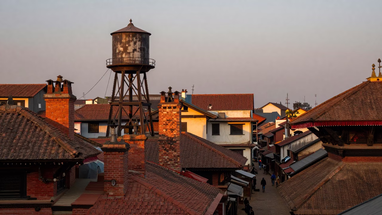 Dawn in Kathmandu Nepal Rooftop Water Tower and Narrow Street Scene in in Kathmandu, Nepal