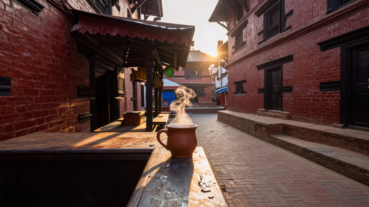 Dawn in Kathmandu Nepal Street Scene with Coffee Mug and Water Tower in in Kathmandu, Nepal