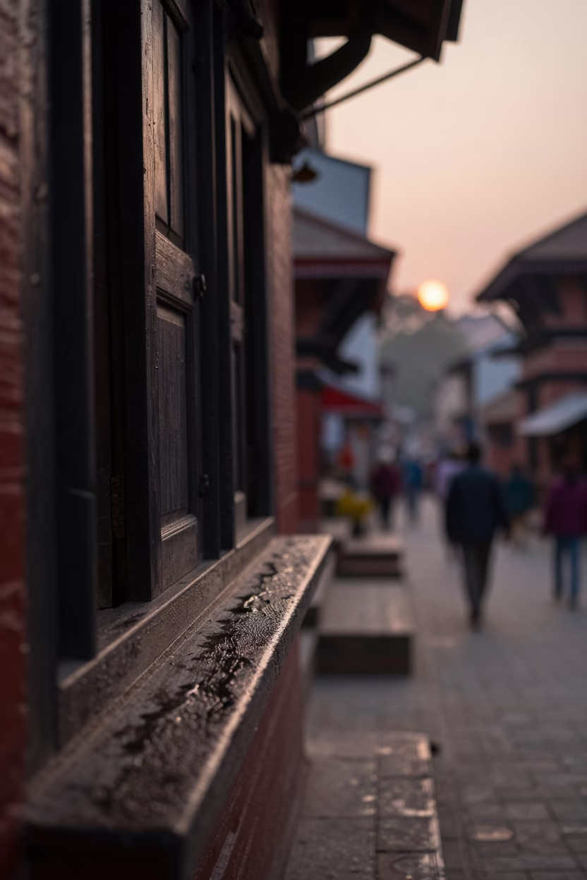 Dawn in Kathmandu Nepal street scene with condensation on sill edge and tin box in in Kathmandu, Nepal