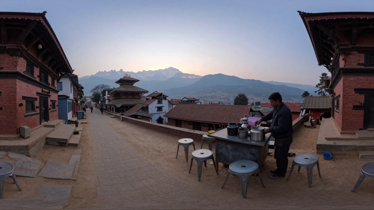 Dawn in Kathmandu Nepal with Metal Stools and Local Morning Routine in in Kathmandu, Nepal