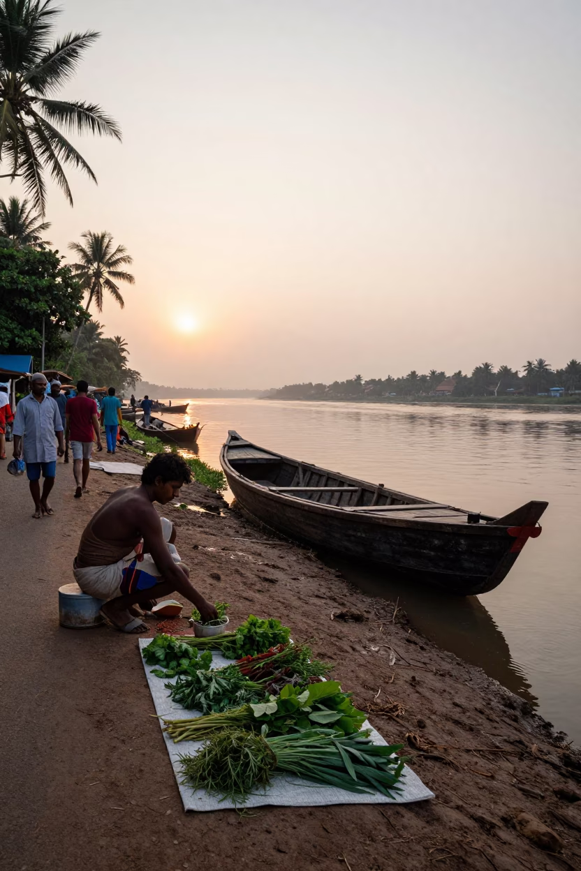Dawn in Kochi India Street Scene with Wooden Boat and Herb Vendor in in Kochi, India