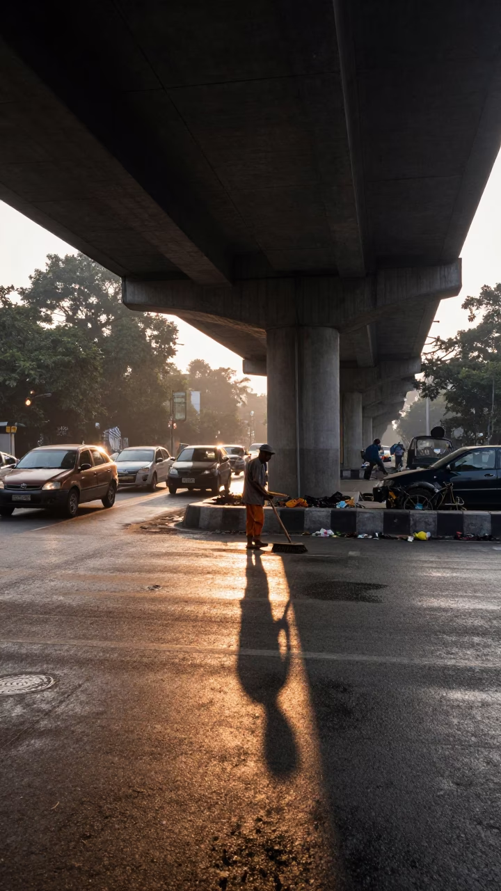 Dawn in Kolkata India Flyover Shadow and Street Cleaning Before Traffic Begins in in Kolkata, India