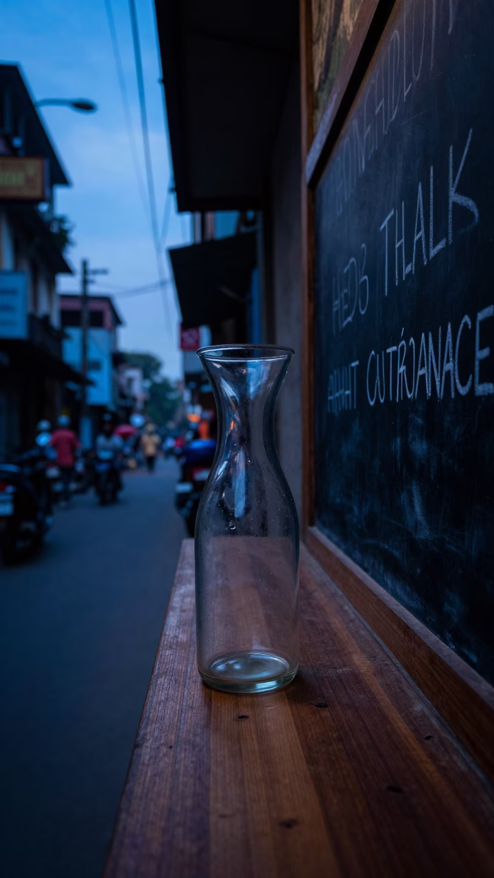 Dawn in Kolkata India street scene with glass carafe and chalkboard in in Kolkata, India