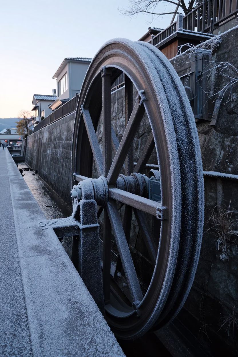 Dawn in Kyoto Japan Sluice Gate Wheel Frost and Quiet Urban Stillness in in Kyoto, Japan
