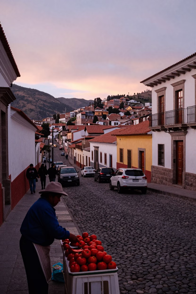 Dawn in La Paz Bolivia Street Scene with Cobblestones and Local Life in in La Paz, Bolivia