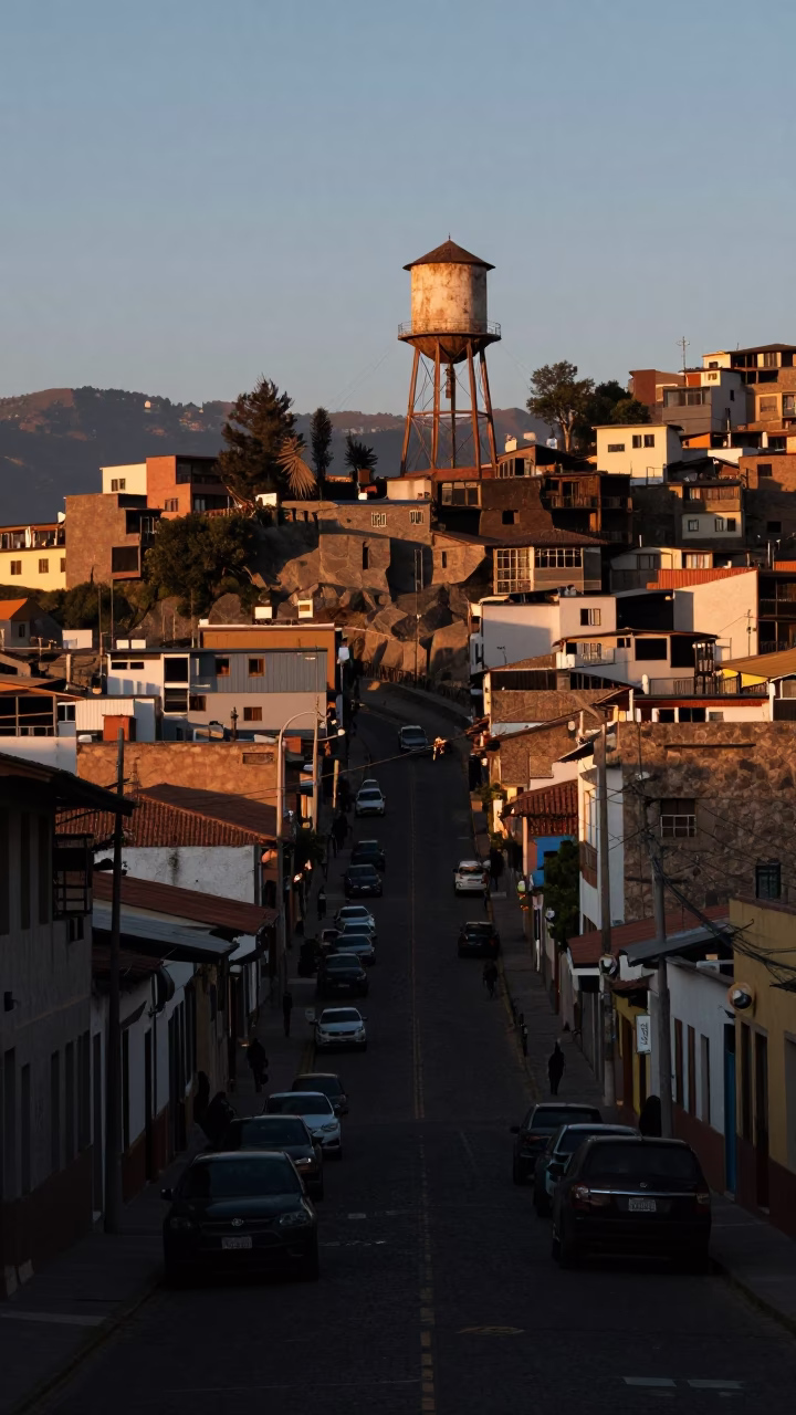 Dawn in La Paz Bolivia Street Scene with Water Tower and Morning Mist in in La Paz, Bolivia