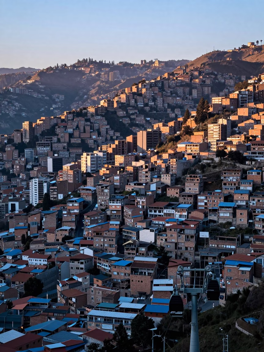 Dawn in La Paz Bolivia with Aerial Tramway and Urban Landscape in in La Paz, Bolivia