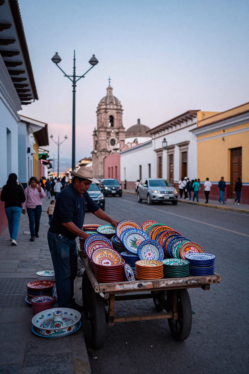 Dawn in Lima Peru Colorful Street Scene with Majolica Plates and Local Market Activity in in Lima, Peru