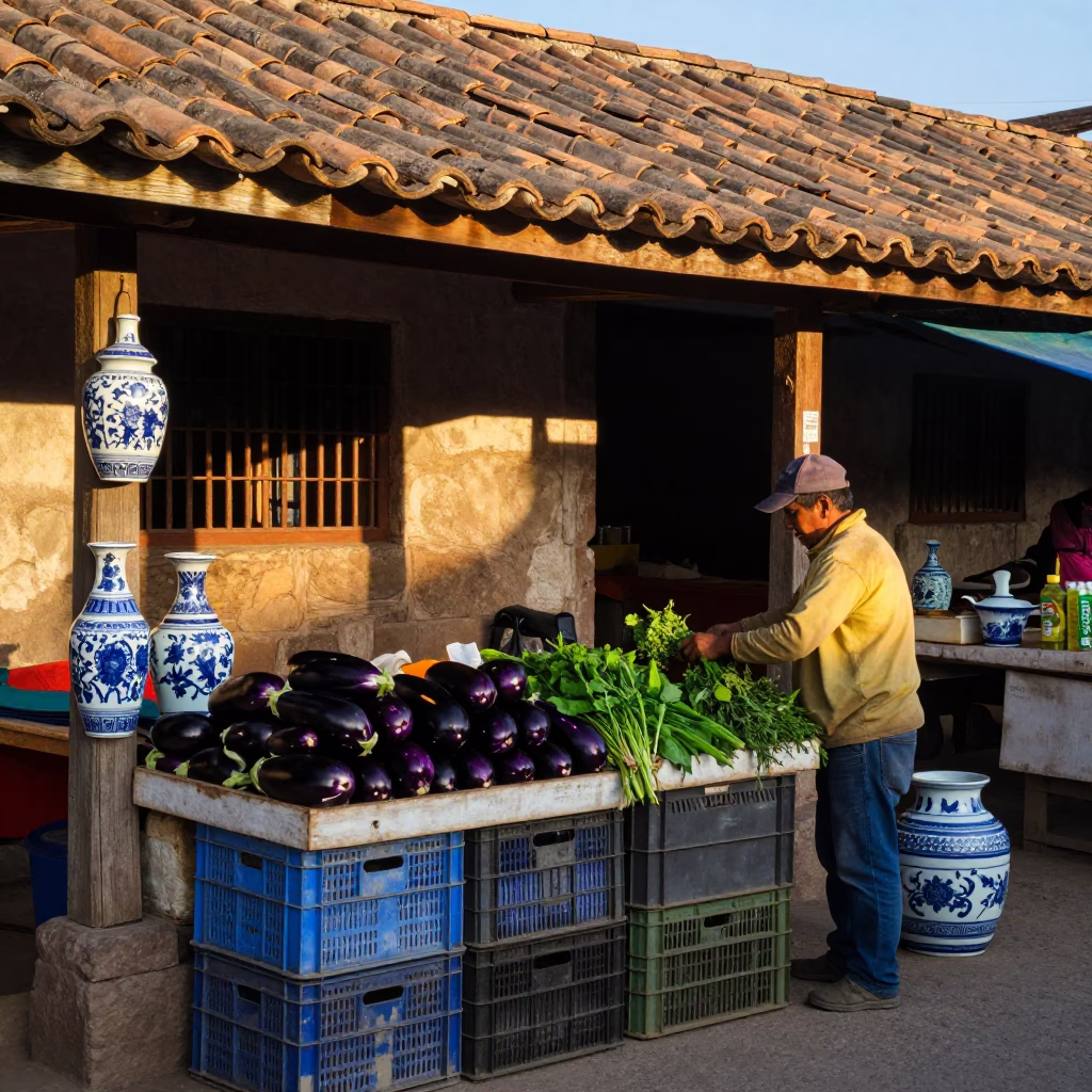 Dawn in Lima Peru Market Stall with Blue White Porcelain and Eggplants in in Lima, Peru
