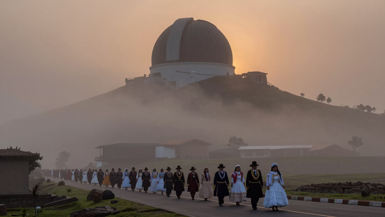 Dawn in Lima Peru Observatory Dome Silhouette Above Drifting Ground Fog at First Light in in Lima, Peru