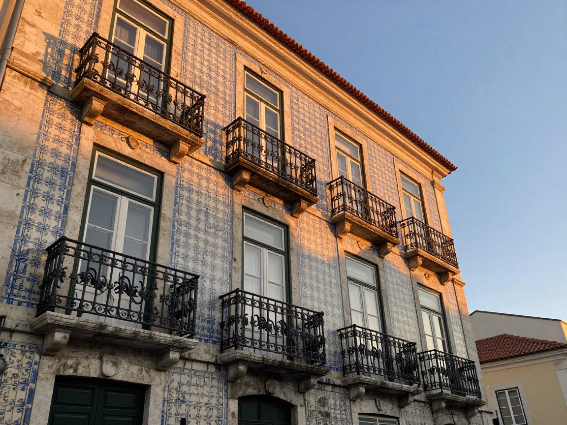 Dawn in Lisbon Portugal with Old Stone Balconies and Morning Light in in Lisbon, Portugal