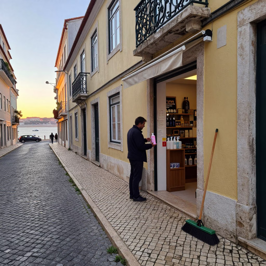 Dawn in Lisbon Portugal with Soap Bottle and Hand Broom on Historic Cobblestone Street in in Lisbon, Portugal