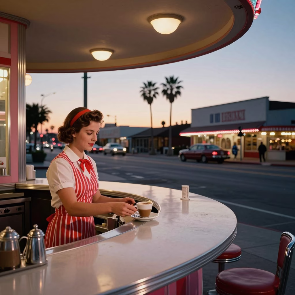 Dawn in Los Angeles California Vintage 1950s Street Scene with Local Details in in Los Angeles, California, United States