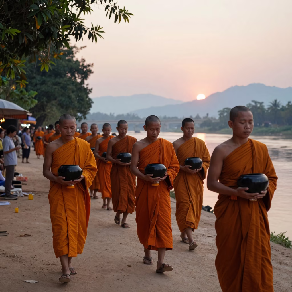 Dawn in Luang Prabang Laos Alms Giving Ceremony Golden Robes Mekong River in in Luang Prabang, Laos