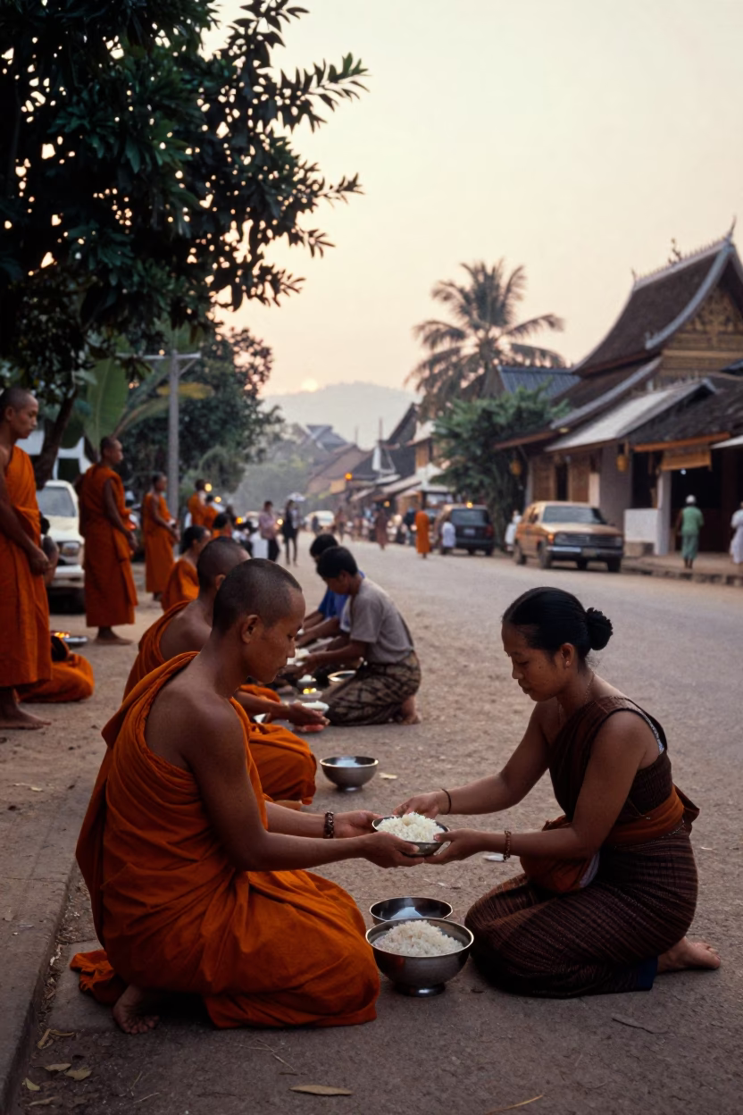 Dawn in Luang Prabang Laos Alms Giving Ceremony Monks and Morning Light in in Luang Prabang, Laos