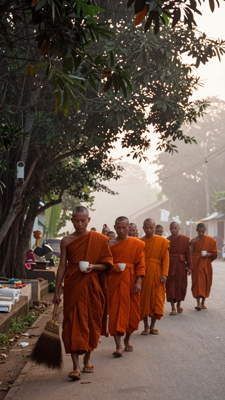 Dawn in Luang Prabang Laos Monks Alms Gathering with Broom and Cup in in Luang Prabang, Laos