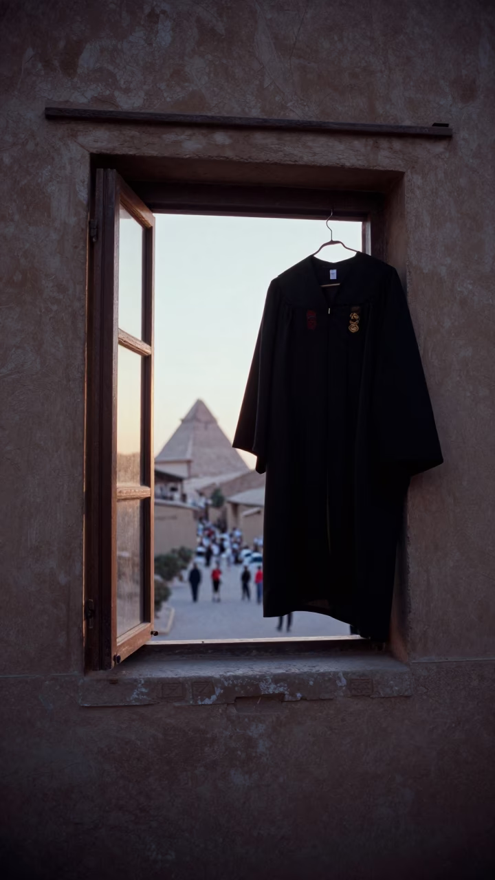 Dawn in Luxor Egypt Street Scene with Graduation Gown Hanging by Window in in Luxor, Egypt