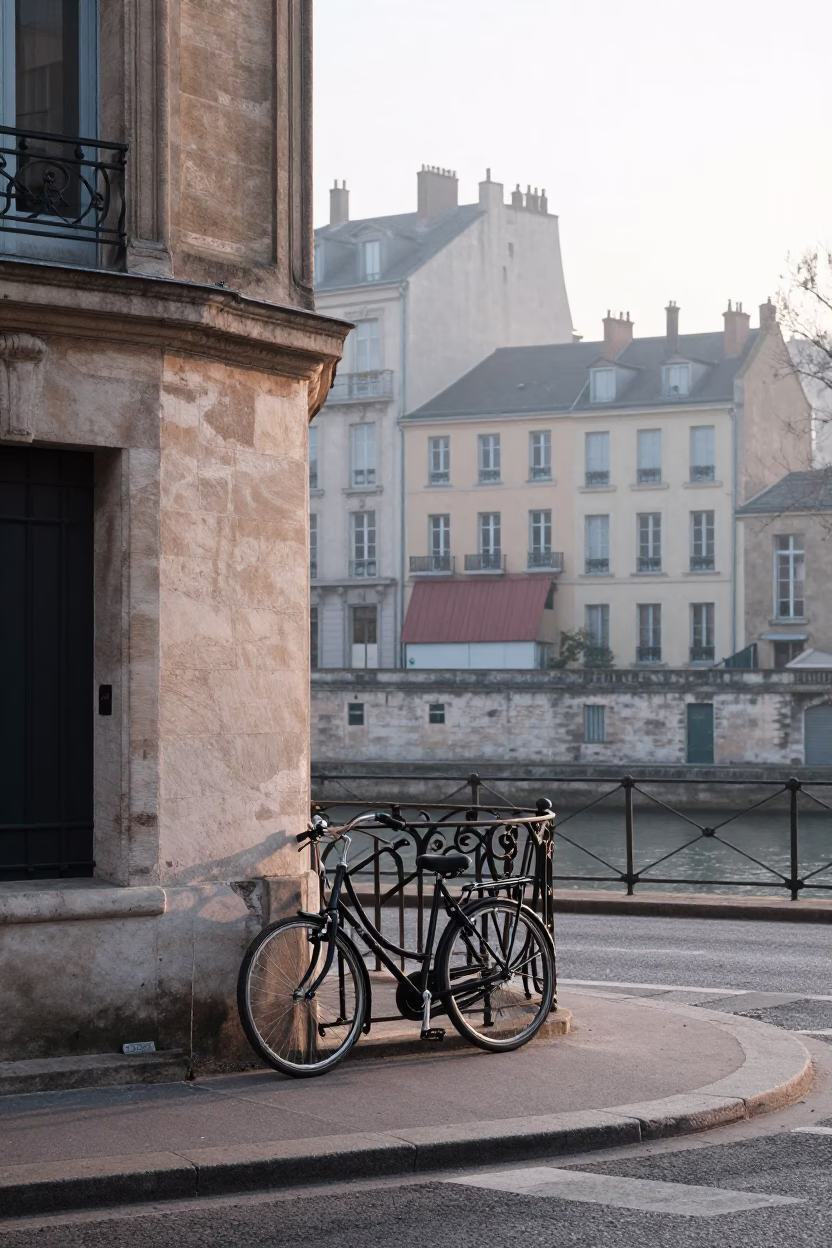 Dawn in Lyon France bicycle leaning against traditional bakery facade near Saone River in in Lyon, France
