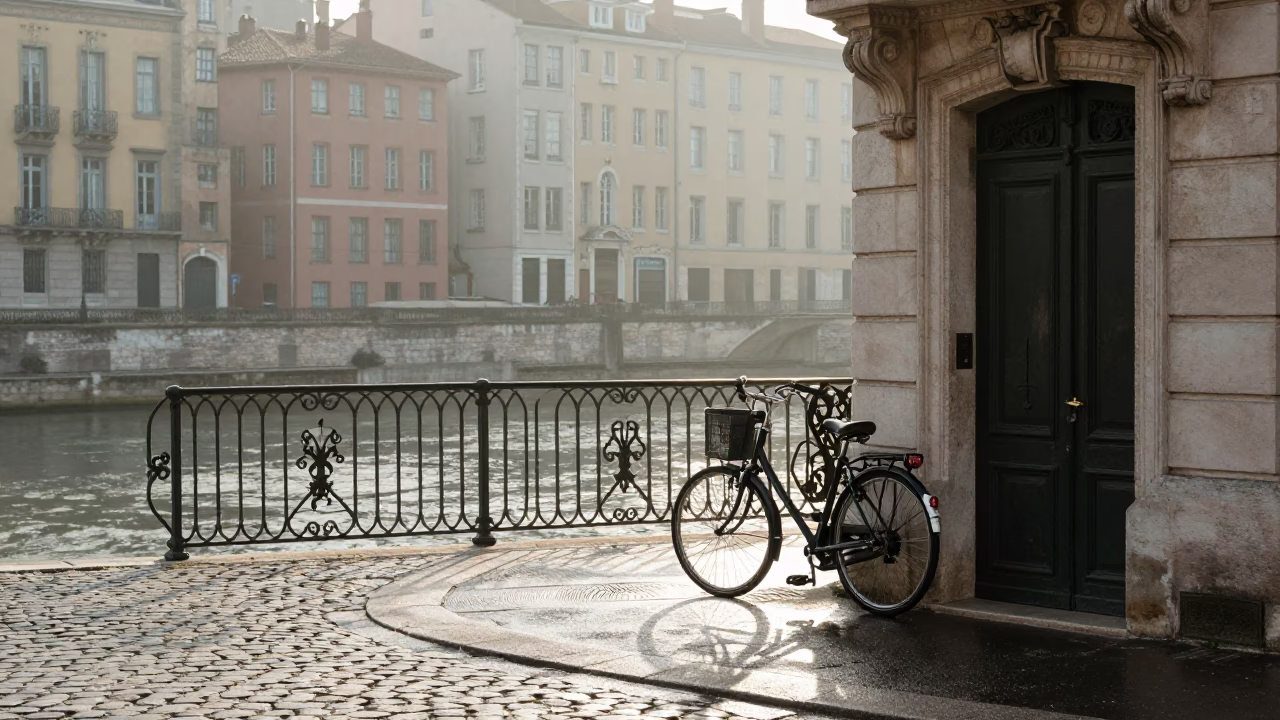 Dawn in Lyon France Bicycle Propped Against Traditional Bakery Facade Before Sunrise in in Lyon, France