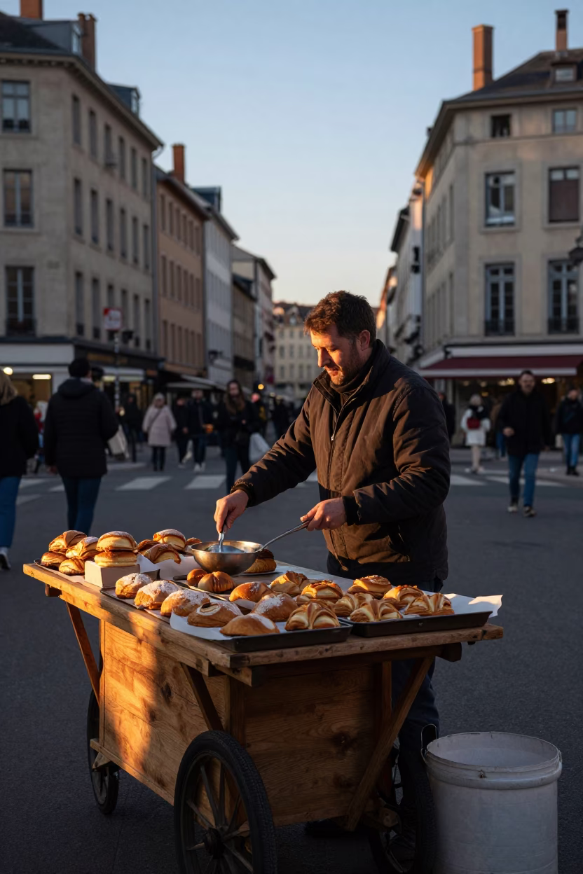 Dawn in Lyon France Street Market Vendor with Ladle and Pastries in in Lyon, France