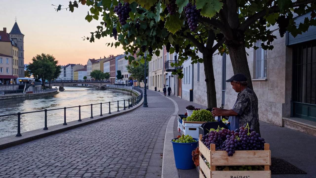 Dawn in Lyon France Street Scene with Grapes and Early Morning Light in in Lyon, France