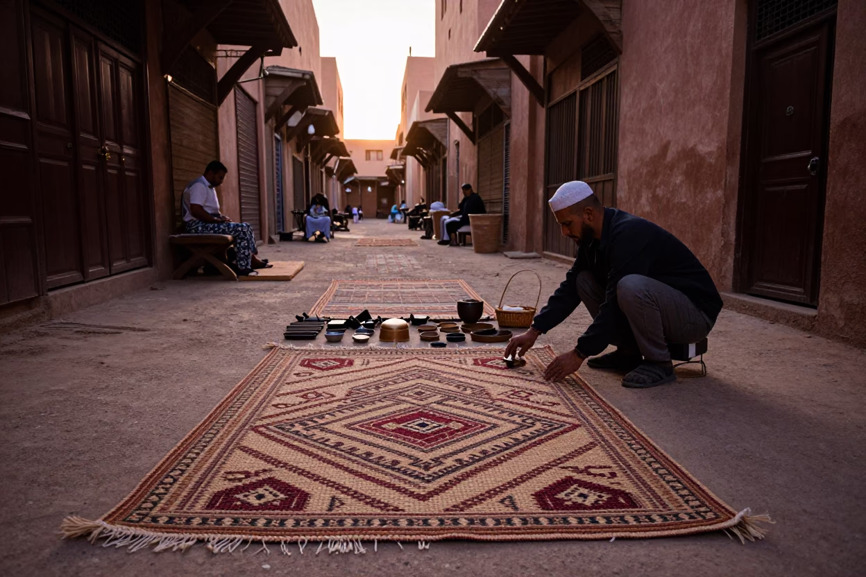 Dawn in Marrakech Souk with Woven Mats and Hand Tools in in Marrakech, Morocco