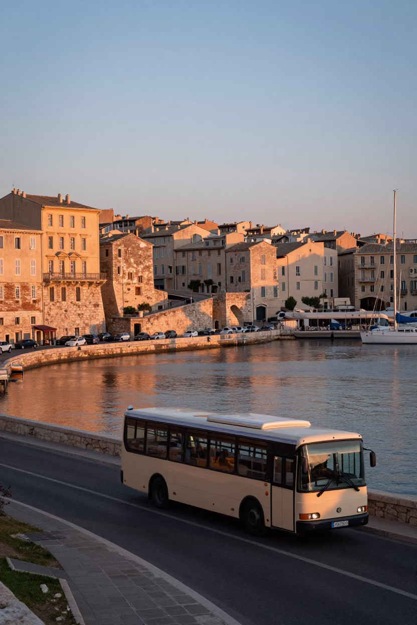 Dawn in Marseille France Old Port with Classic Bus and Brushed Steel Details in in Marseille, France