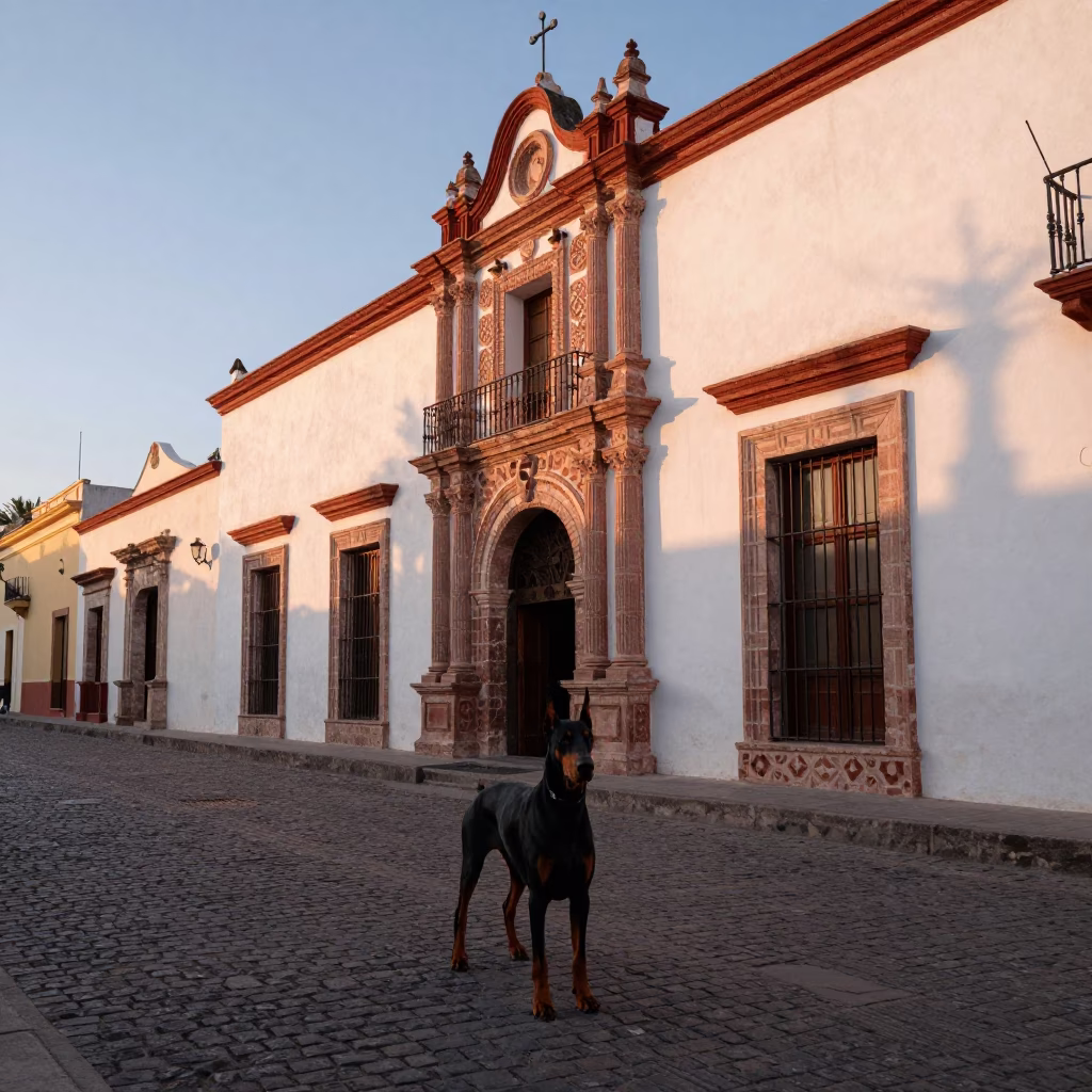 Dawn in Merida Mexico Street Scene with Doberman and Local Architecture in in Merida, Mexico