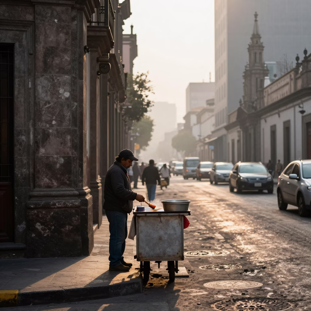 Dawn in Mexico City Street Vendor with Dust Brush and Step Stools in in Mexico City, Mexico