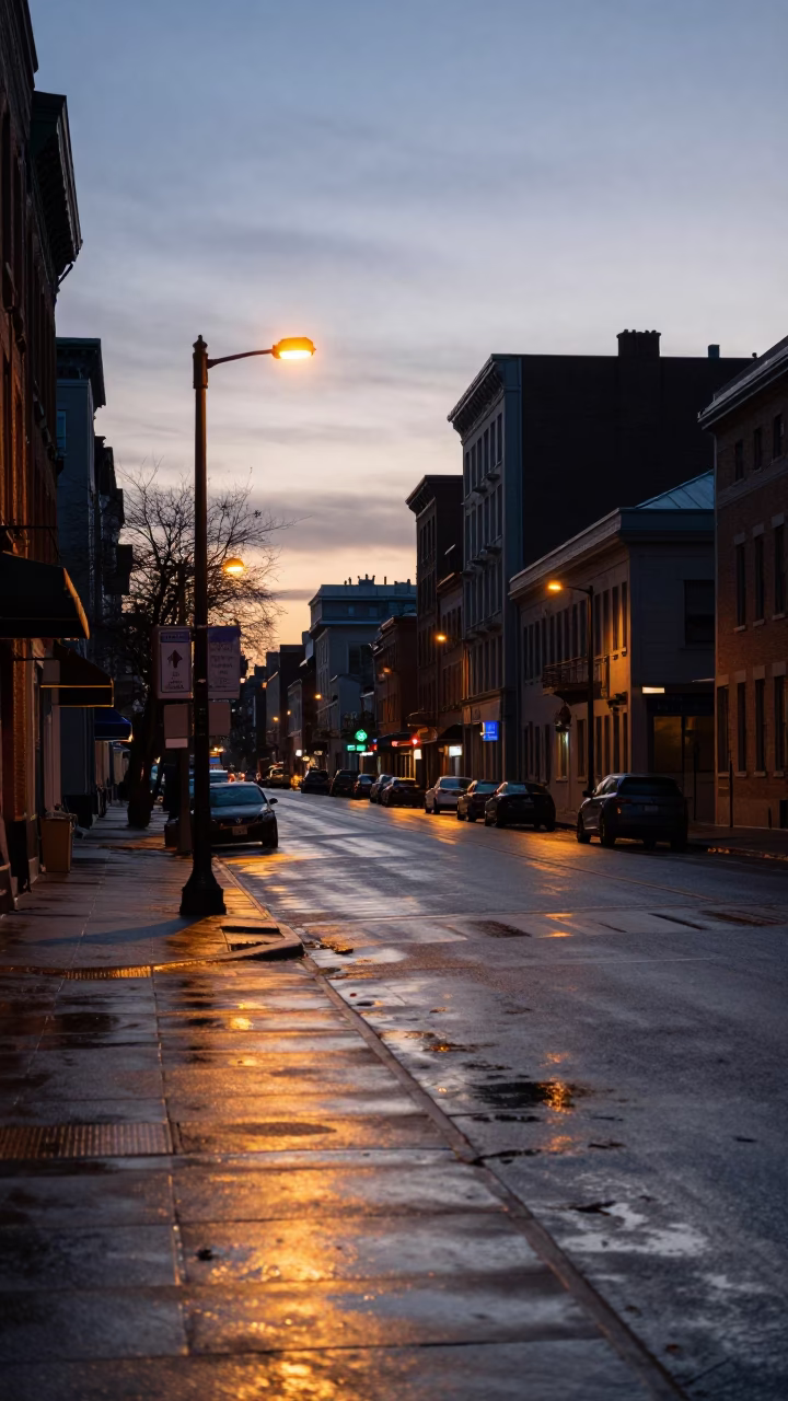 Dawn in Montreal Quebec City Street Scene with Wet Pavement and Urban Details in in Montreal, Quebec, Canada