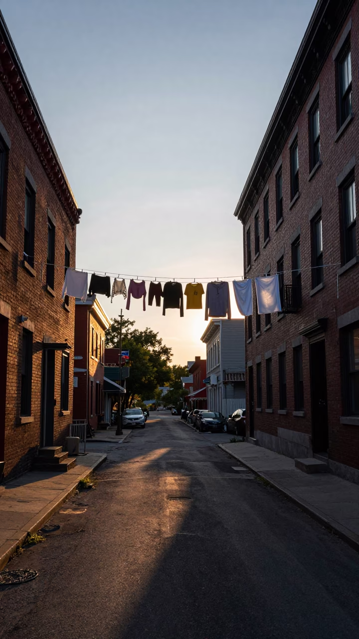 Dawn in Montreal Quebec Street Scene with Clothesline and Brushed Steel Drain in in Montreal, Quebec, Canada