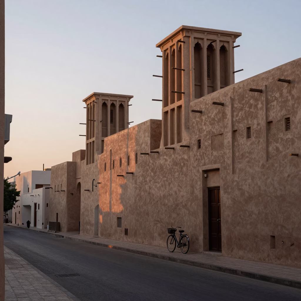 Dawn in Muscat Oman Street Scene with Bicycle and Traditional Architecture in in Muscat, Oman