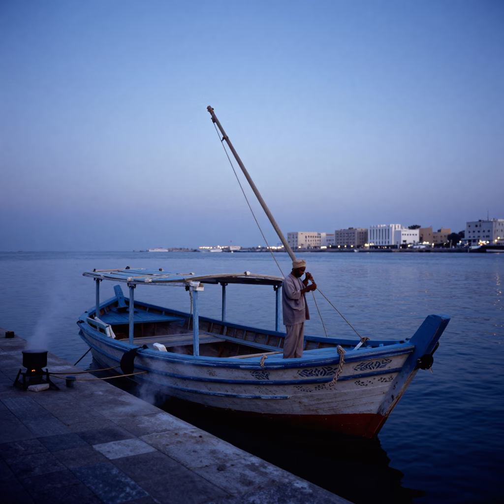 Dawn in Muscat Oman Traditional Dhow Boat Harbor Pre-Sunrise Light in in Muscat, Oman