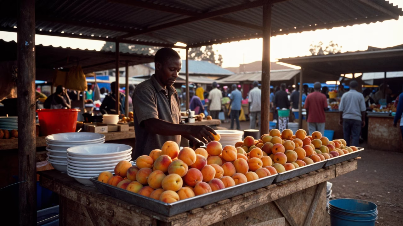 Dawn in Nairobi Kenya Market Stall with Apricots and Mixing Bowls in in Nairobi, Kenya