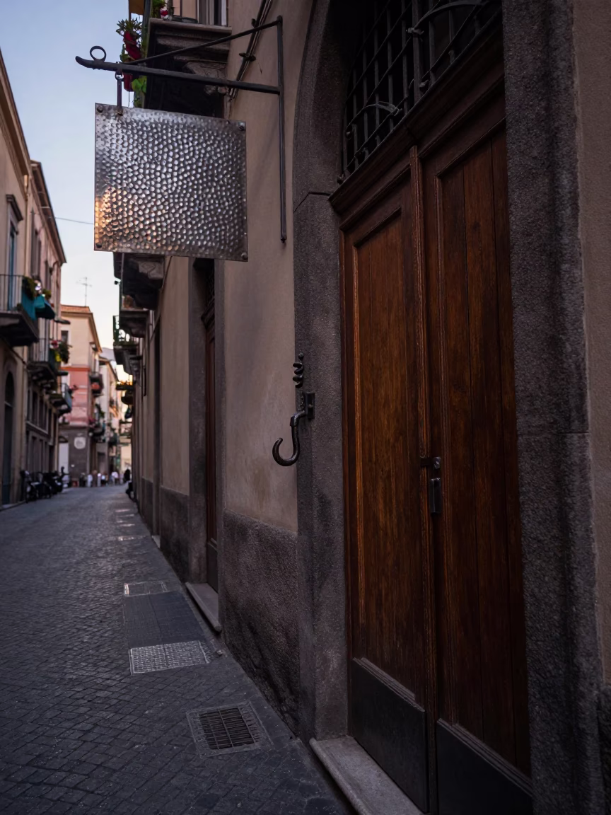 Dawn in Naples Italy Street Scene with Hammered Metal and Iron Hook in in Naples, Italy